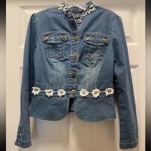 French Cuff Denim Jacket with Embroidered Details Stylized Modern Chic Size S